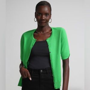 Jeweled-Button Chelsea Crewneck Cardigan New York & company XS green